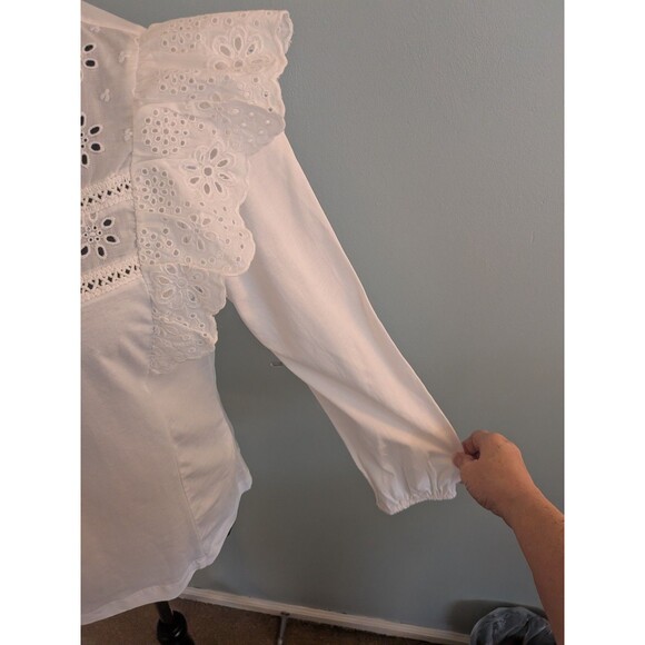 J. Crew Top Womens S Long Sleeve Eyelet Ruffle Cotton Pullover Blue Peasant New - Picture 5 of 13